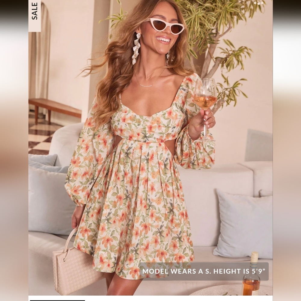 Vici Floral Long Sleeve Dress - Cream and Orange